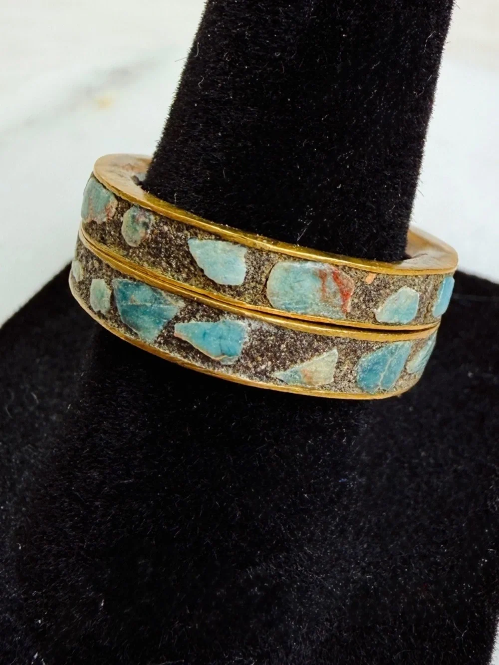 2 Vintage sz 6.5 stacking rings with turquoise colored blue Inlay Brass Bands
